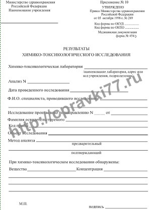 Справка о результатах химико-токсикологических исследований (форма 454/у-06)